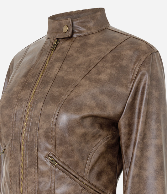 Marbled PU High Neck Biker Jacket