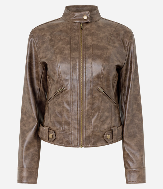 Marbled PU High Neck Biker Jacket