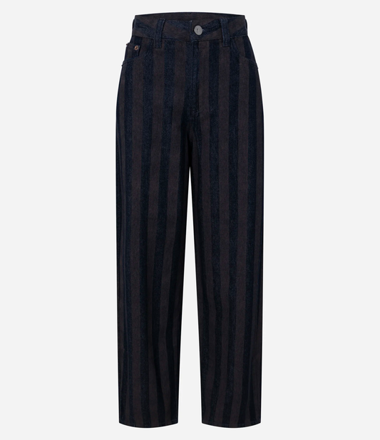 Dark Blue Striped Baggy Jeans with Mid Rise